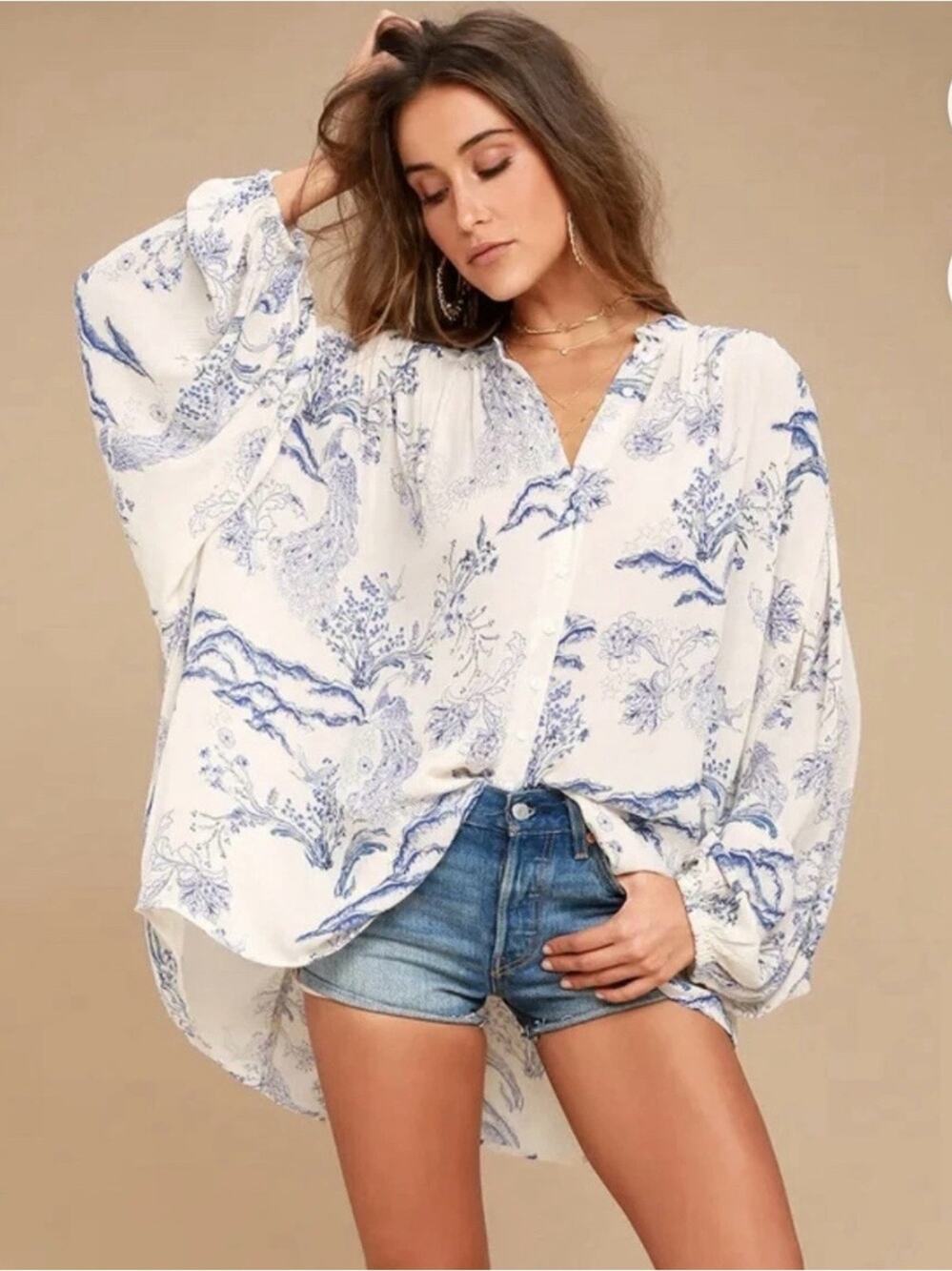 Free People Metallic Blooms Blush Peacock Print Boho Hippie Button Up Top